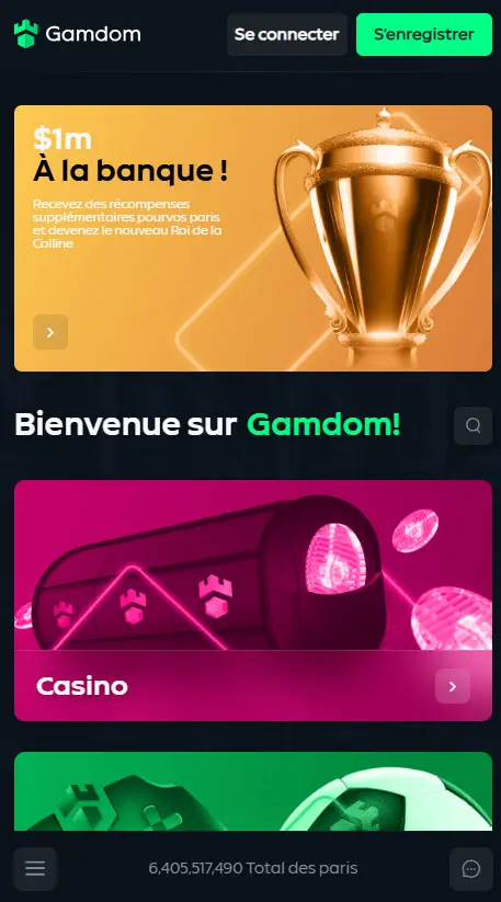 Interface de l'application mobile et interface GAMDOM CASINO